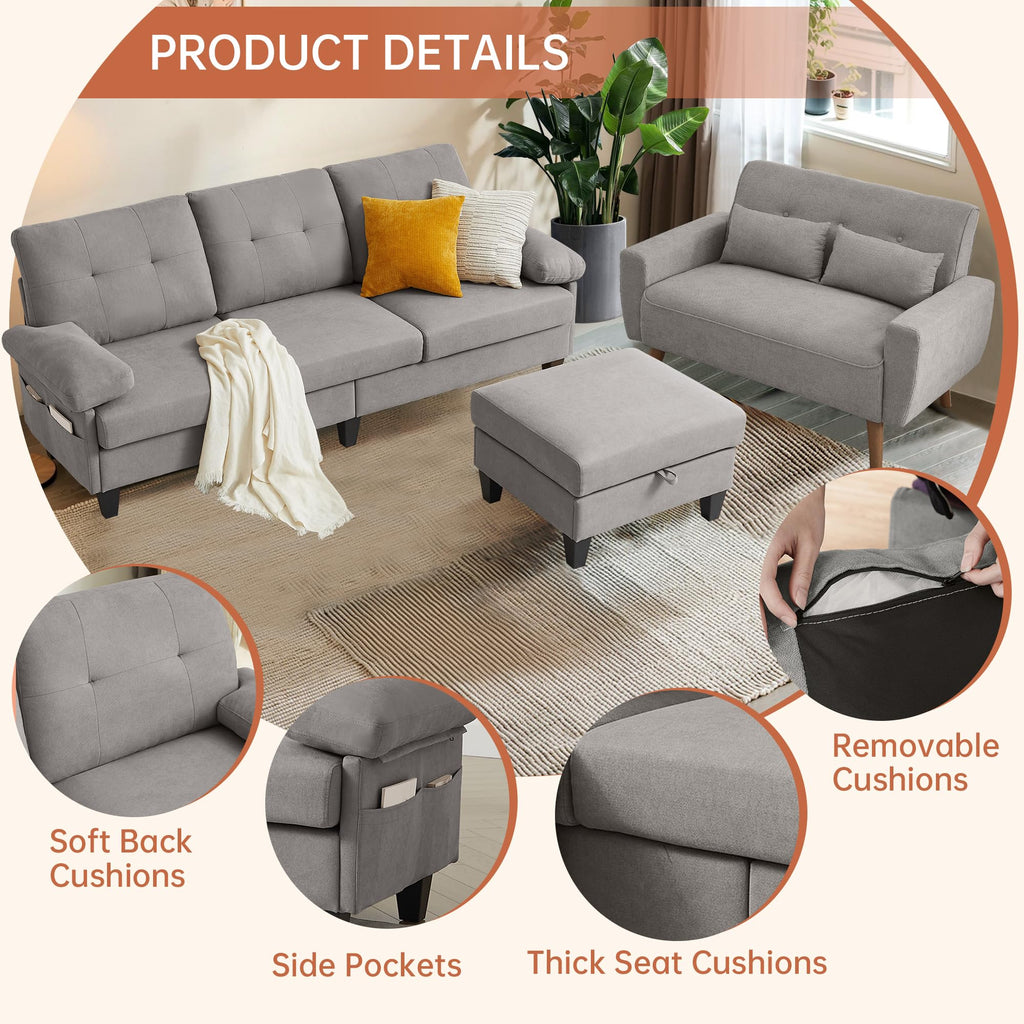 2 Pieces Sectional Sofa Set, 79" 3-Seat L Shaped Couches with Storage Ottoman and 48" Loveseat Sofa Set Polyester