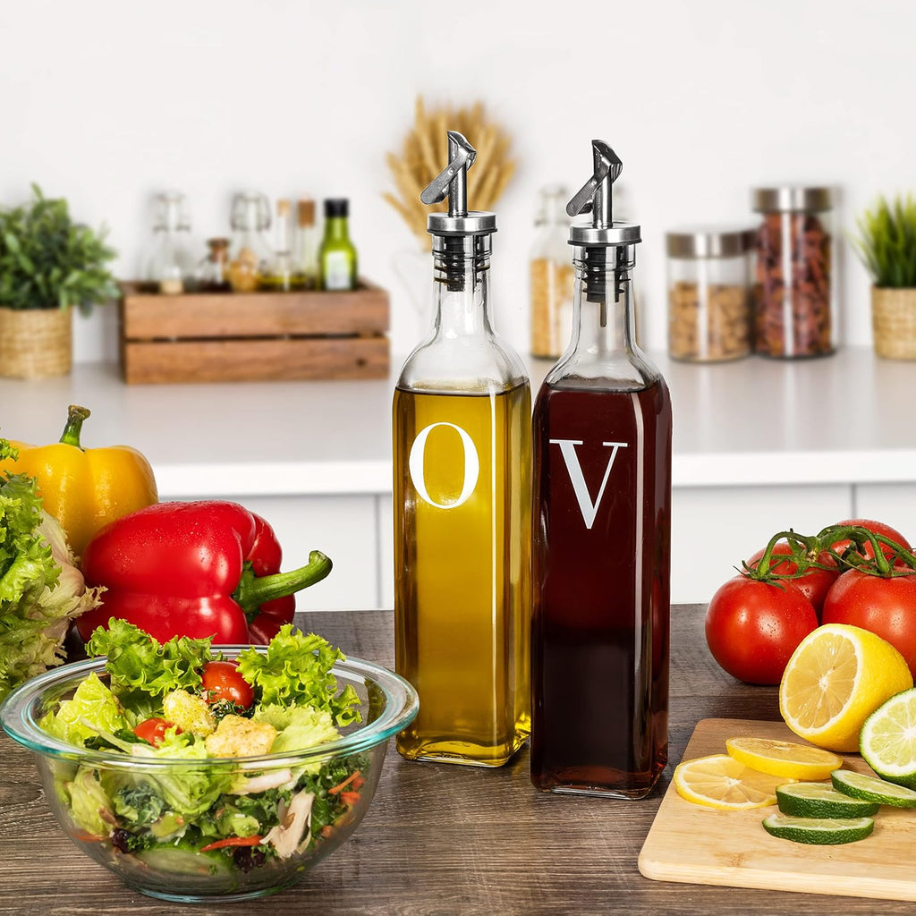 Olive Oil and Vinegar Dispenser Set - 17 oz. Glass Bottles with No-Drip BPA-Free Spouts - Stylish O and V Identifiers - Set of 2