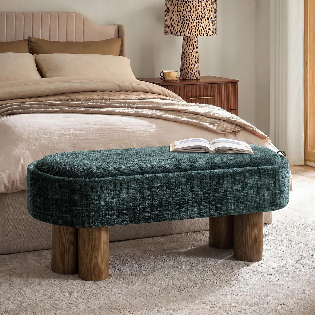 Storage Bench with Upholstered Seat and Wood Tabletop, Forest | Entryway Bench with Reversible Lid and Hidden