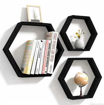 Hexagon Floating Shelves Set of 3, Wooden Honeycomb Shelves for Wall Mount, Modern Decorative Shlef, Black