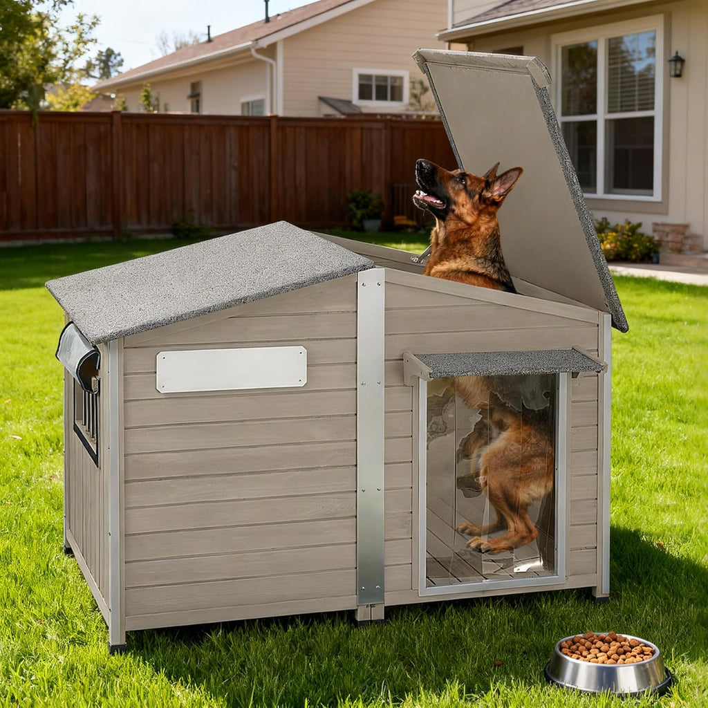 Large Dog House Outdoor Indoor -55" Weatherproof Extra XL Dog Kennel for Small to Large Sized Dogs Wooden Doghouse