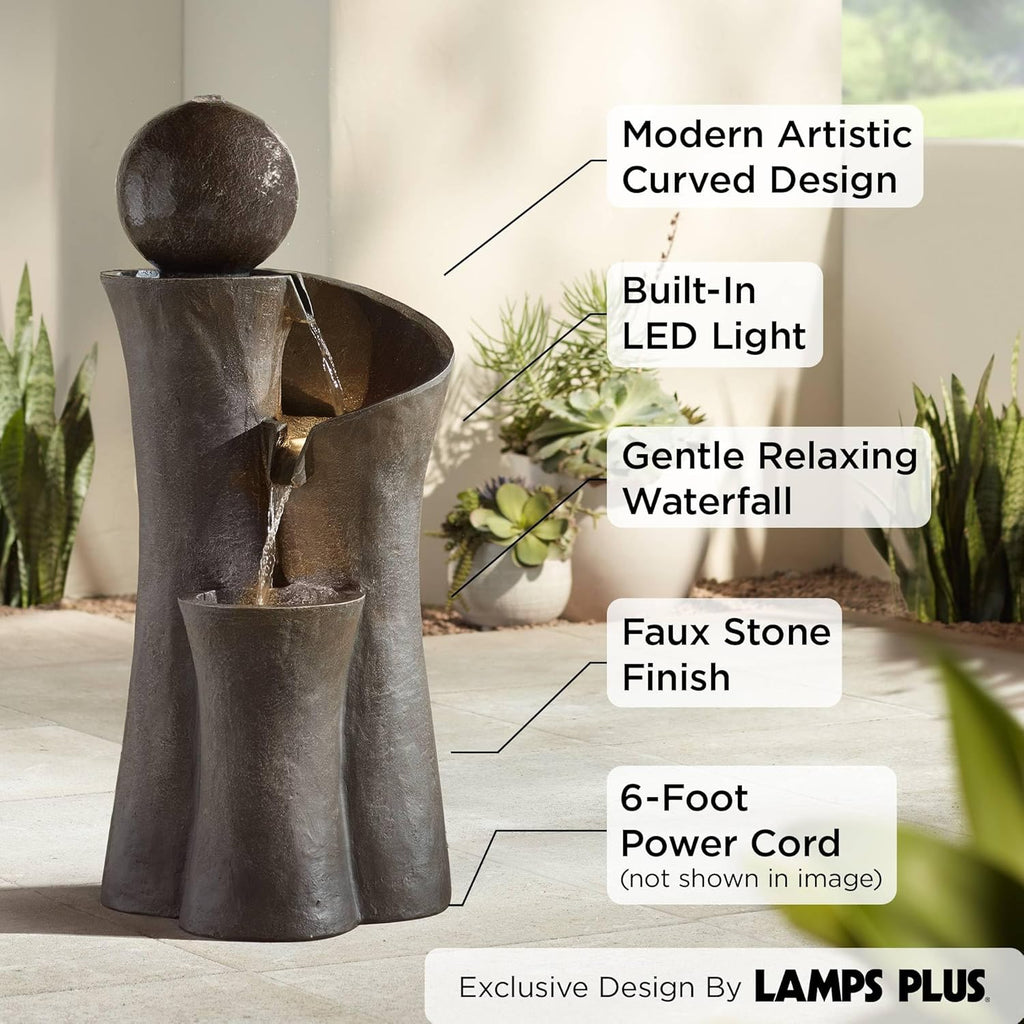 Sphere Curve 39 1/2" High Large Modern Zen Indoor Outdoor Decor Faux Stone Floor Fountain with Light LED Waterfall