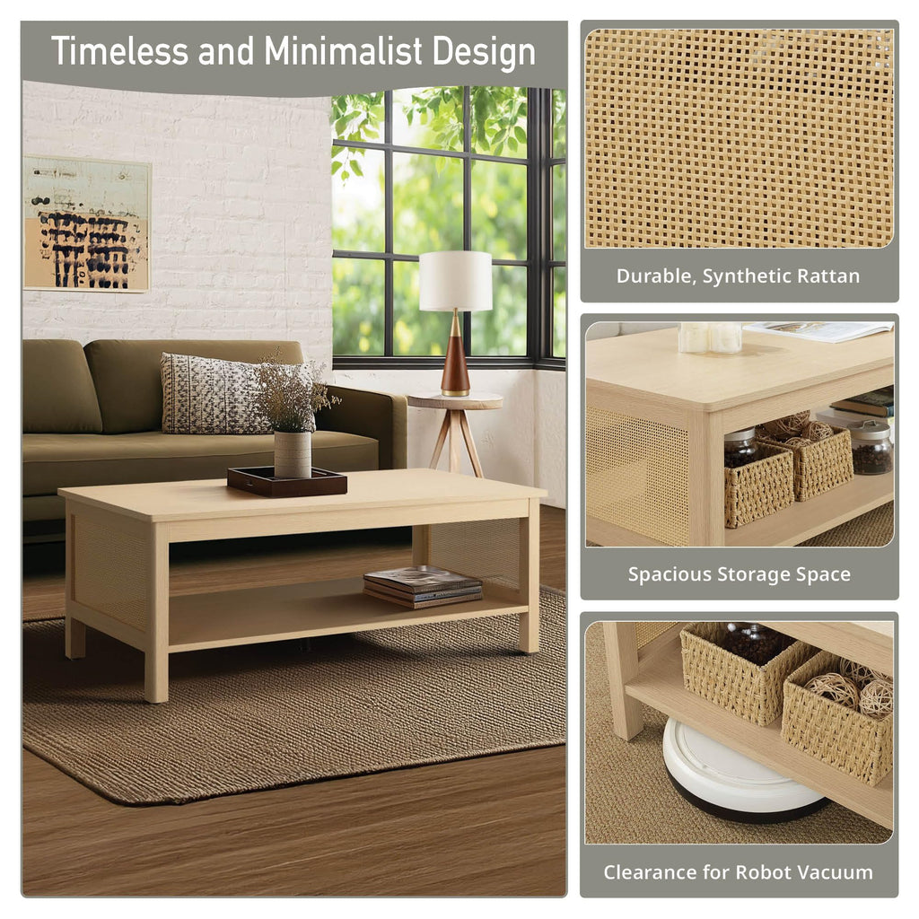 Handcrafted Rattan Decorative Coffee Table, Modern Farmhouse Style Center Table with Storage Shelf, Easy Assembly