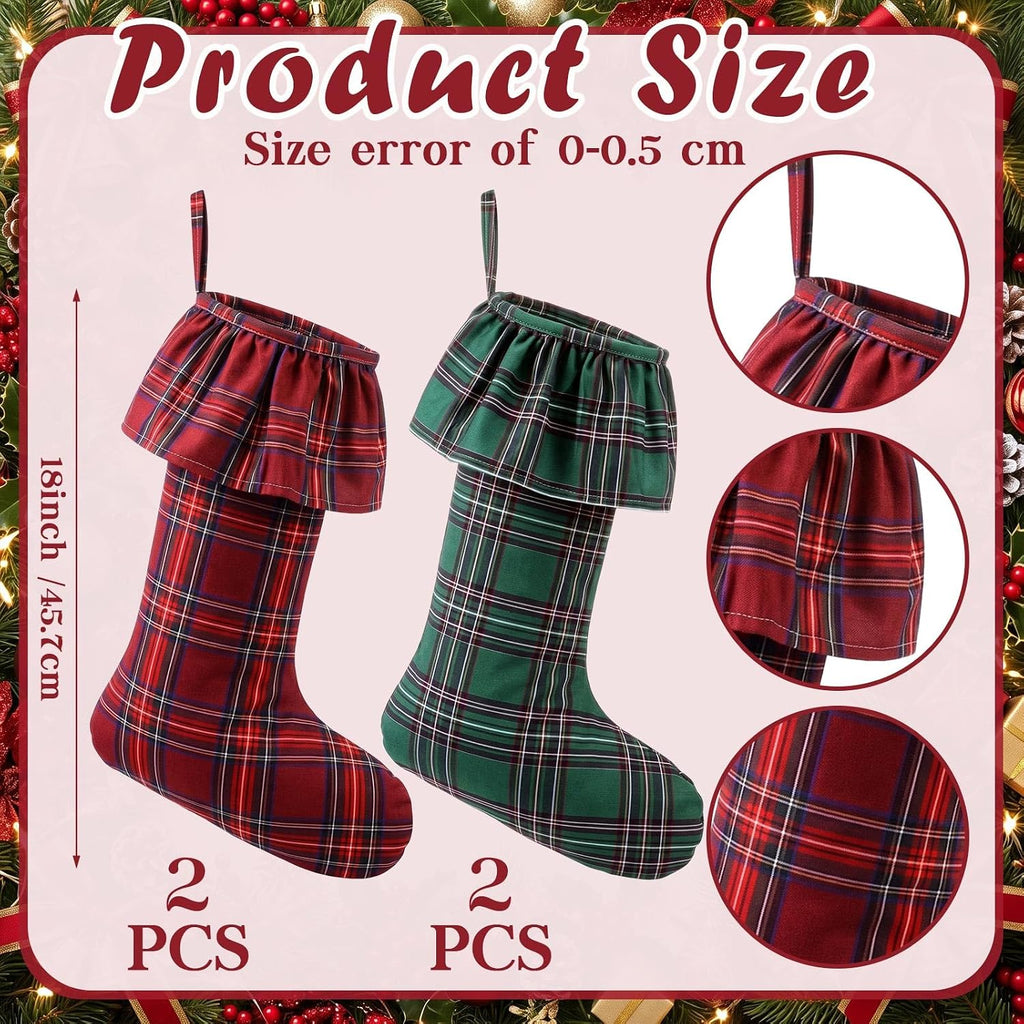 Large Christmas Red Green Tartan Plaid Stockings Decor Gift - Set of 4