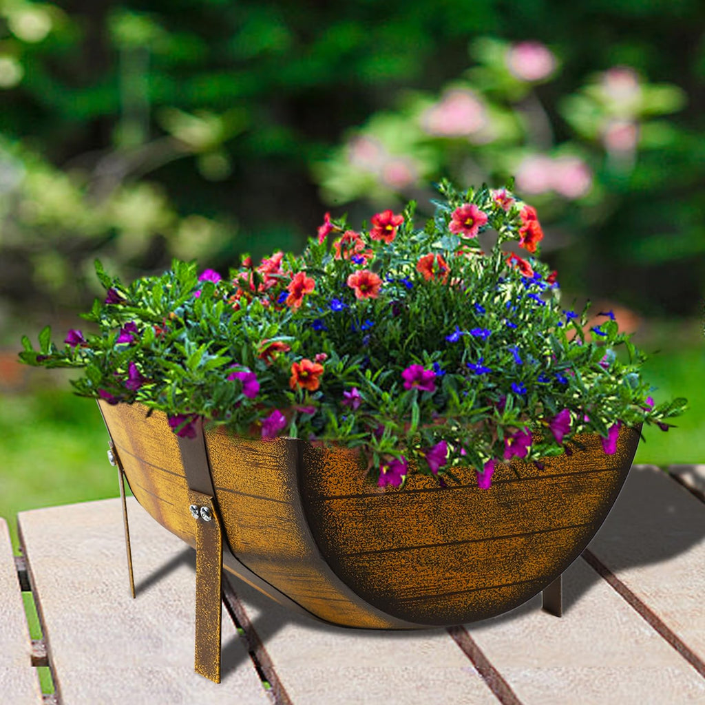 15.43In 2 Pack Rustic Barrel Planters, Decorative Outdoor Garden Backyard Planter with Legs, Metal Flower Pot Half
