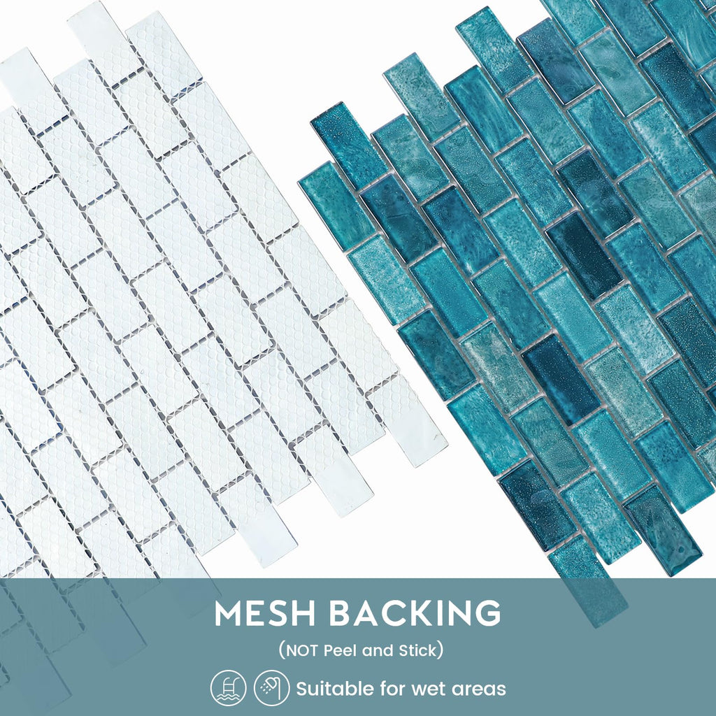 Glass Backsplash Mosaic Wall Tiles, 5-Sheet Linear Glass Tiles Bathroom Swimming Pool Shower Tiles (Turquoise, 4.8