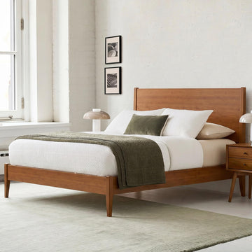 Queen Size Solid Wood Bamboo Bed Frame, Mid-Century Modern Sleigh Platform Bed Frame with 8.1"H Under-Bed Space, Wood