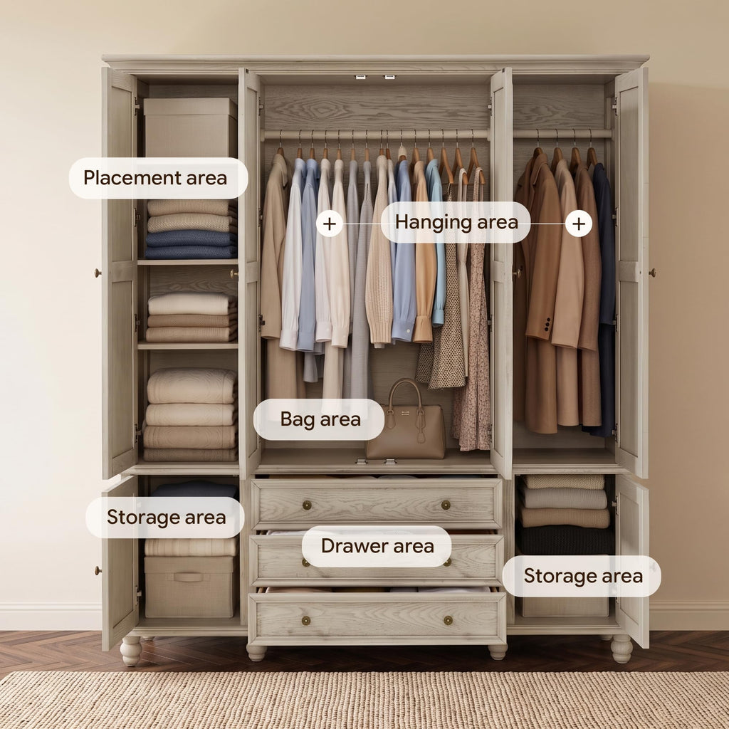 4 Door Solid Wood Armoire Wardrobe Closet with Drawers, White