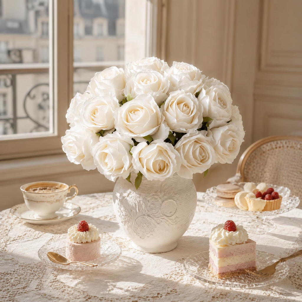 18pcs White Roses Artificial Flowers, Fake Roses Silk Flowers with Stems Realistic Bouquet for Wedding Party DIY
