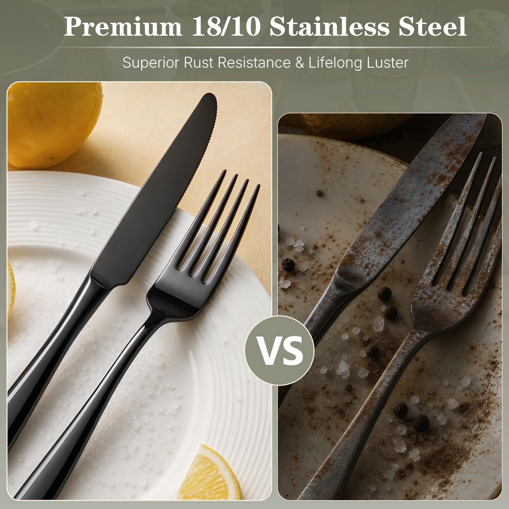 Black Silverware Set, 40-Piece 18/10 Stainless Steel Flatware for 6