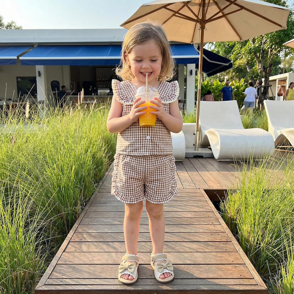 Toddler Girl Summer Outfits Plaid Bowknot Front Fly Sleeve T-shirt Tops Kids Girl Shorts Clothes Set