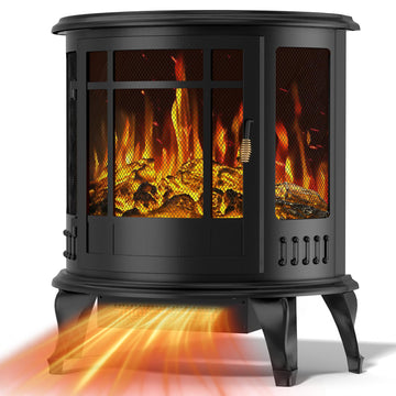 Electric Fireplace Stove-Oval Freestanding Fireplace Heater w/ 3D Flame, Thermostat Control, 1500W Quiet Heating
