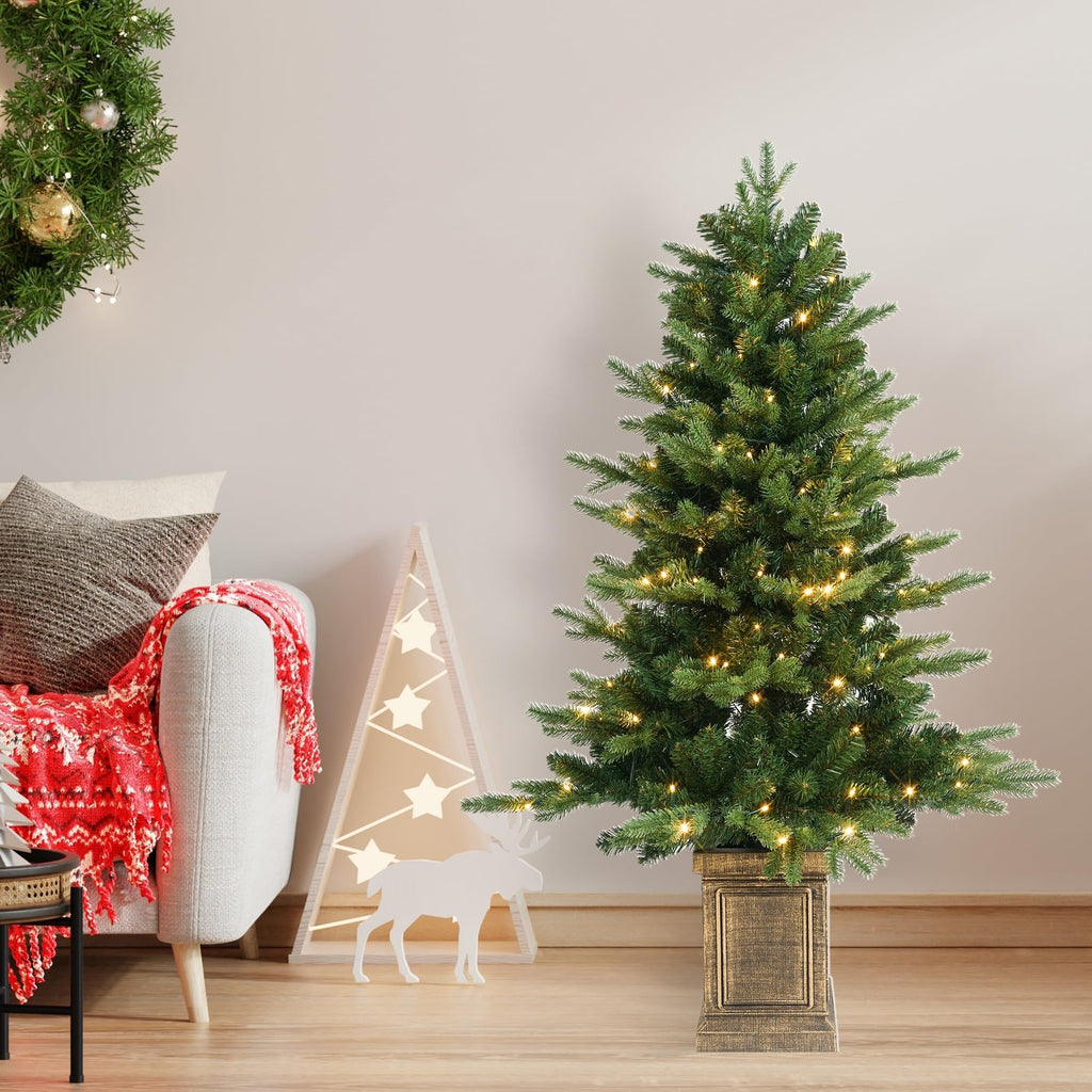 4FT Prelit Potted Christmas Tree with 100 LED, Artificial Christmas Tree Outdoor Indoor Decor, Battery Operated