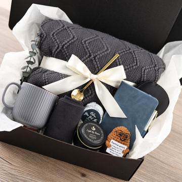 Thoughtful Comfort Care Package for Men & Women - Grey & Navy Gift Box with Knitted Blanket, Ceramic Mug & Positive