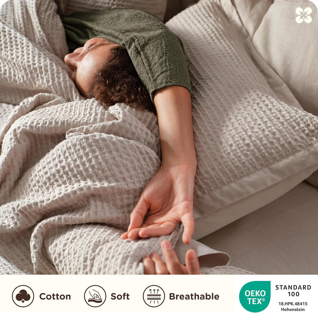 Cotton Duvet Cover King - 100% Cotton Waffle Weave Linen Color Duvet Cover, PureWoven Breathable King Bedding Set for