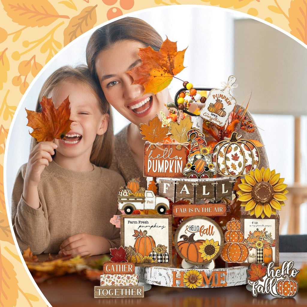 Fall Tiered Tray Decor Set Hello Fall Thanksgiving Wood Sign Pumpkin Sunflower Gnome Farm Truck Wood Bead - Set of 21