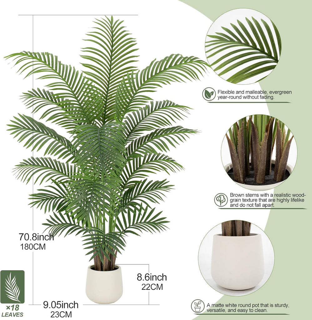 6ft Artificial Palm Tree Tall Faux Palm Tree Indoor Large Fake Plants with 18 Trunks Artificial Plants with White Pot