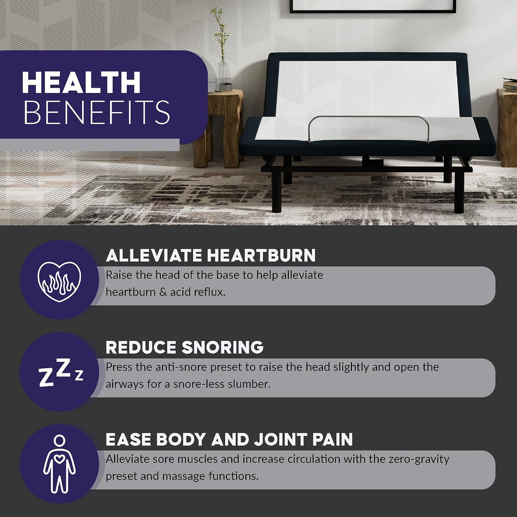 E4 Queen Adjustable Bed Base Frame with Zero Gravity, Massage Motors, Anti-Snore, USB Charging, Nightlight, Wireless