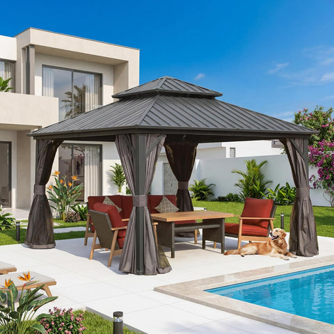 12’ x 12’ Hardtop Gazebo, Outdoor Aluminum Gazebo with Galvanized Steel Double Roof Canopy