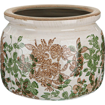 7.7" Large Ceramic Plant Pot Pink Green Vintage Hibiscus Crackle Glaze Rustic Flowers Pot Decorative Planter with