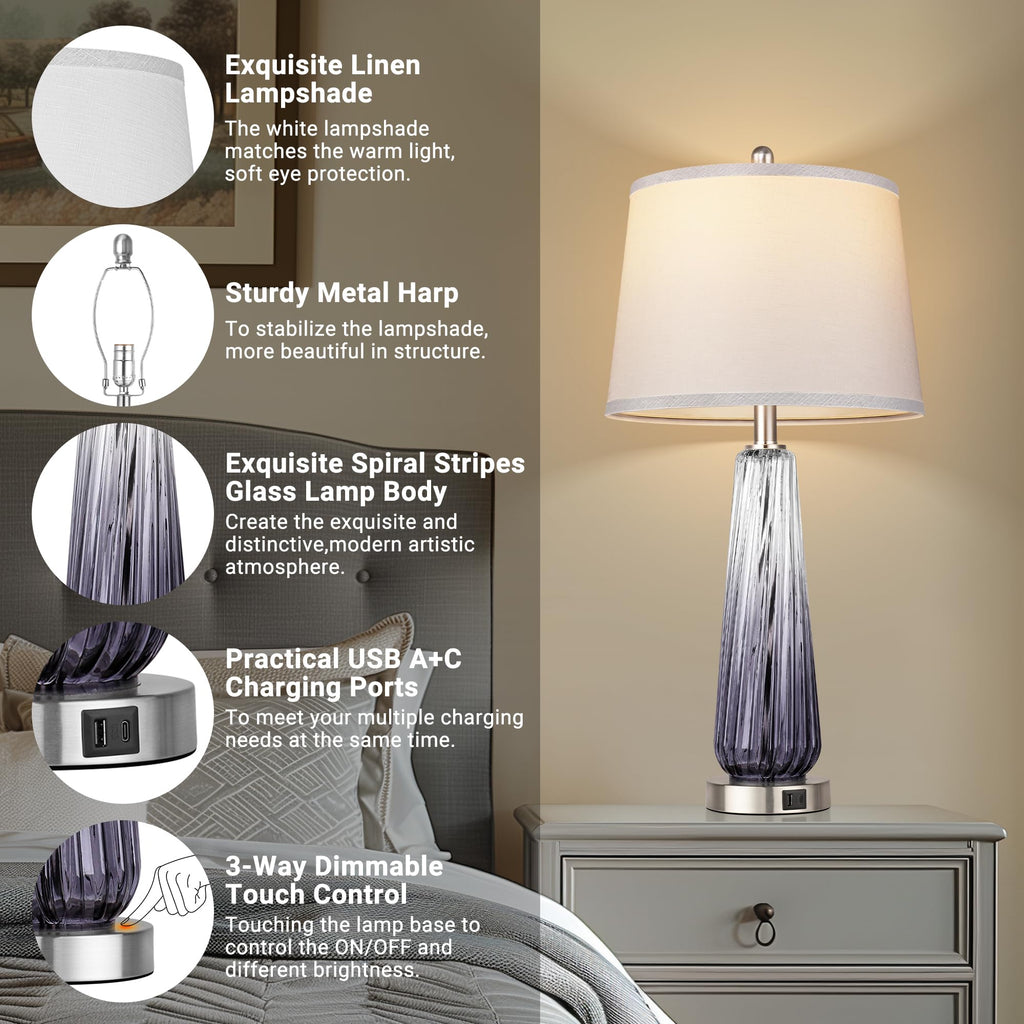 Glass Table Lamps Set of 2, Modern Bedside Lamps s with USB A+C Ports, 3-Way Dimmable Touch Control Nightstand Lamp