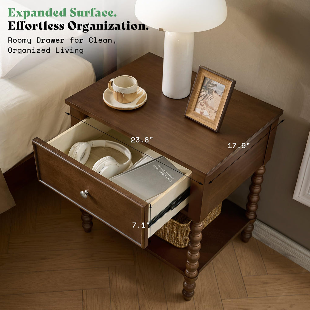 Walnut Nightstand Set of 2, Solid Wood Bedside Table, Dark 24"