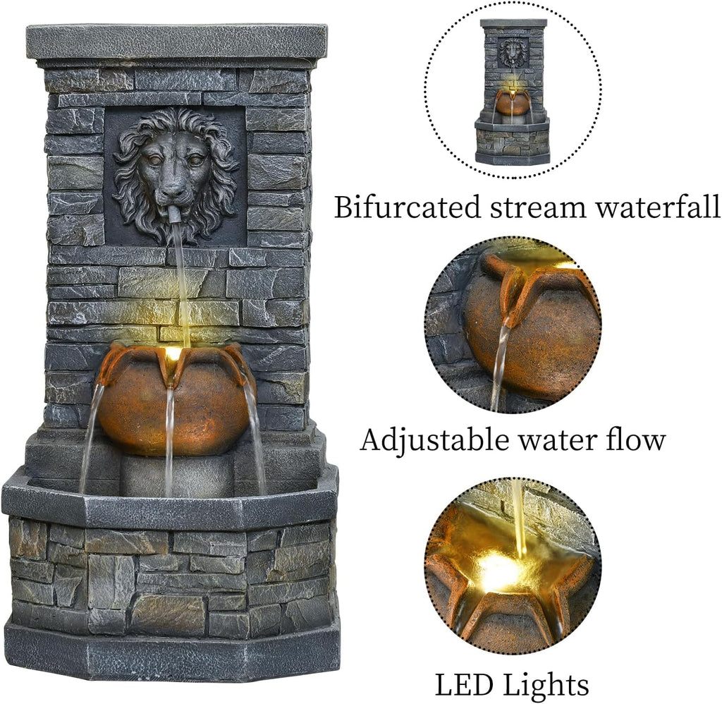 32'' Outdoor Water Fountain, Lion Head Floor-Standing Stone Waterfall Fountain with LED Lights
