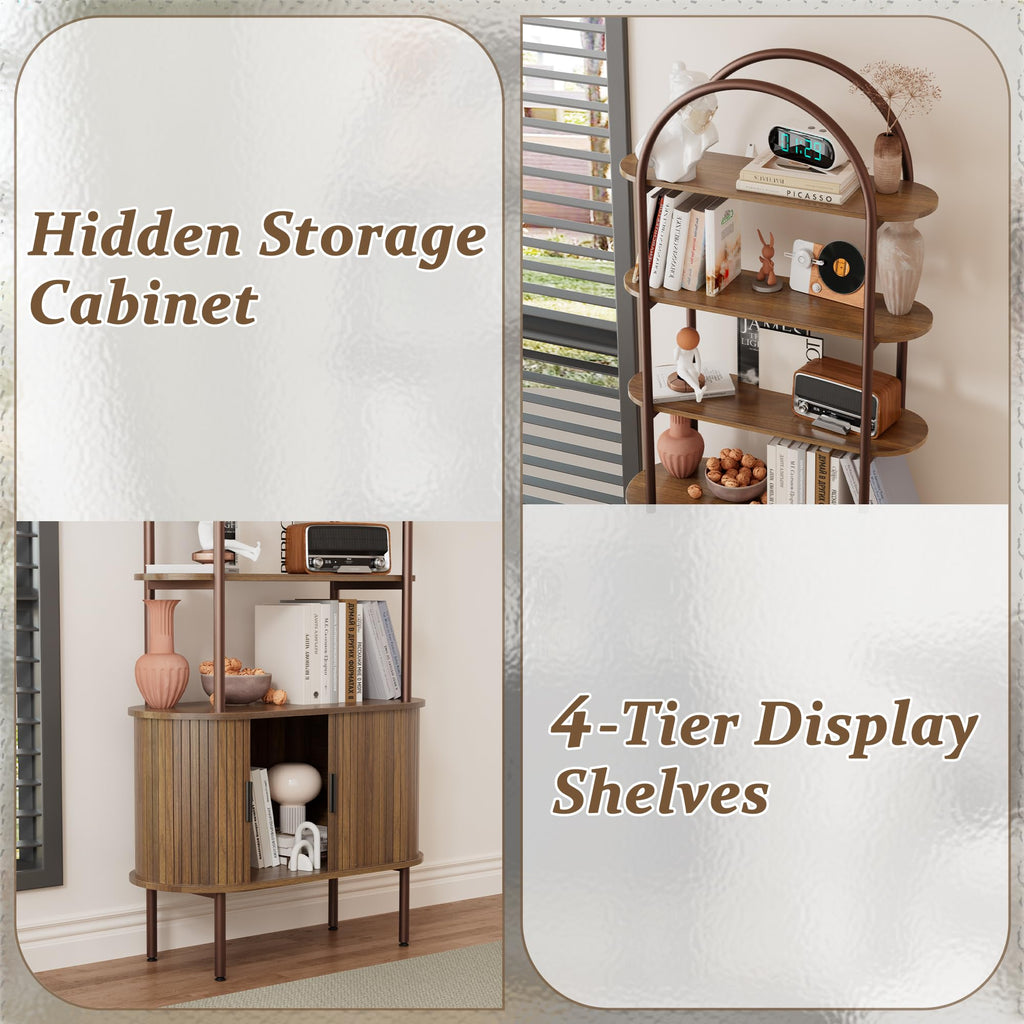 71" Tall Arched Bookshelf with Sliding Doors, 4-Tier Bookcase, Walnut