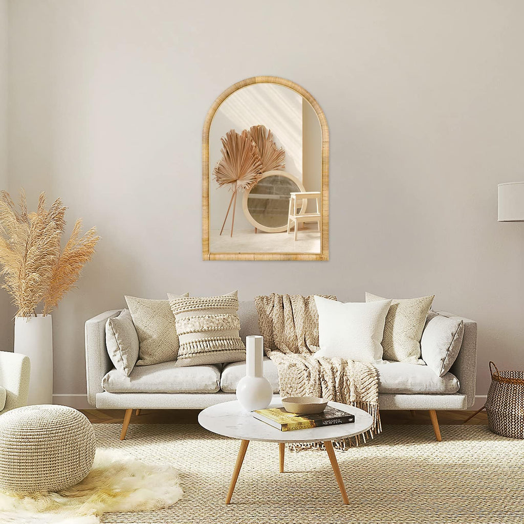 Rattan Wall Mirror, 36 x 24 - Boho Style (Natural Rattan Frame)