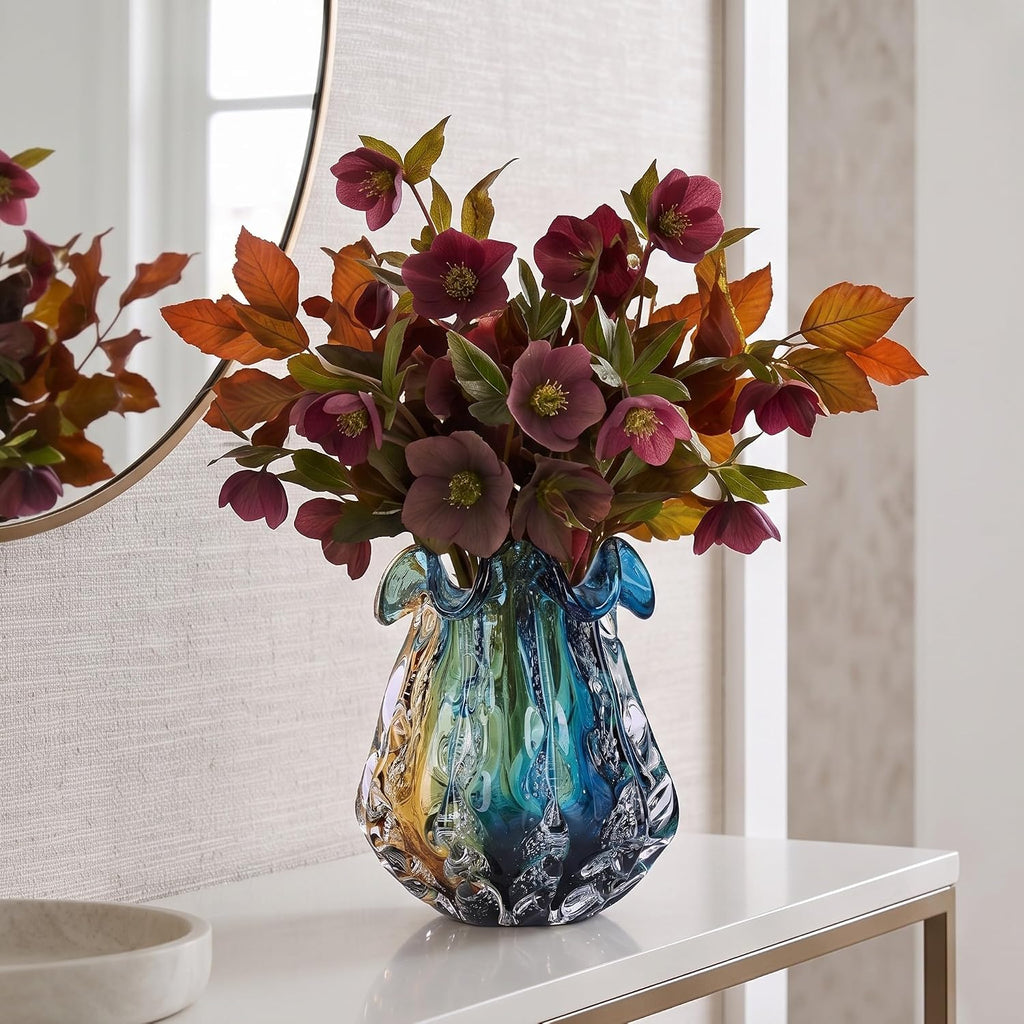 Hand Blown Glass Vase - Multi-Size Colorful Gradient Flower Vase for Centerpieces, Art Glass Home Decor & Living Room