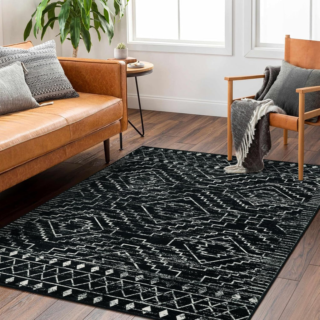 Moroccan Washable Rug 4x6, Black Boho Living Room Area Rug, Non-Slip Farmhouse Bedroom Carpet Dorm Room Throw Rug