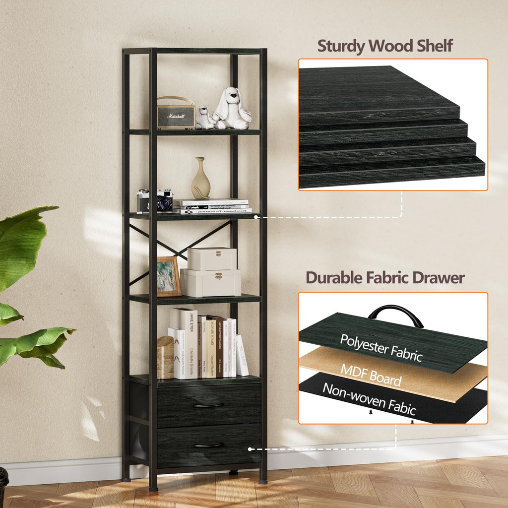 5-Tier Tall Corner Shelf, Narrow Bookshelf with Drawers