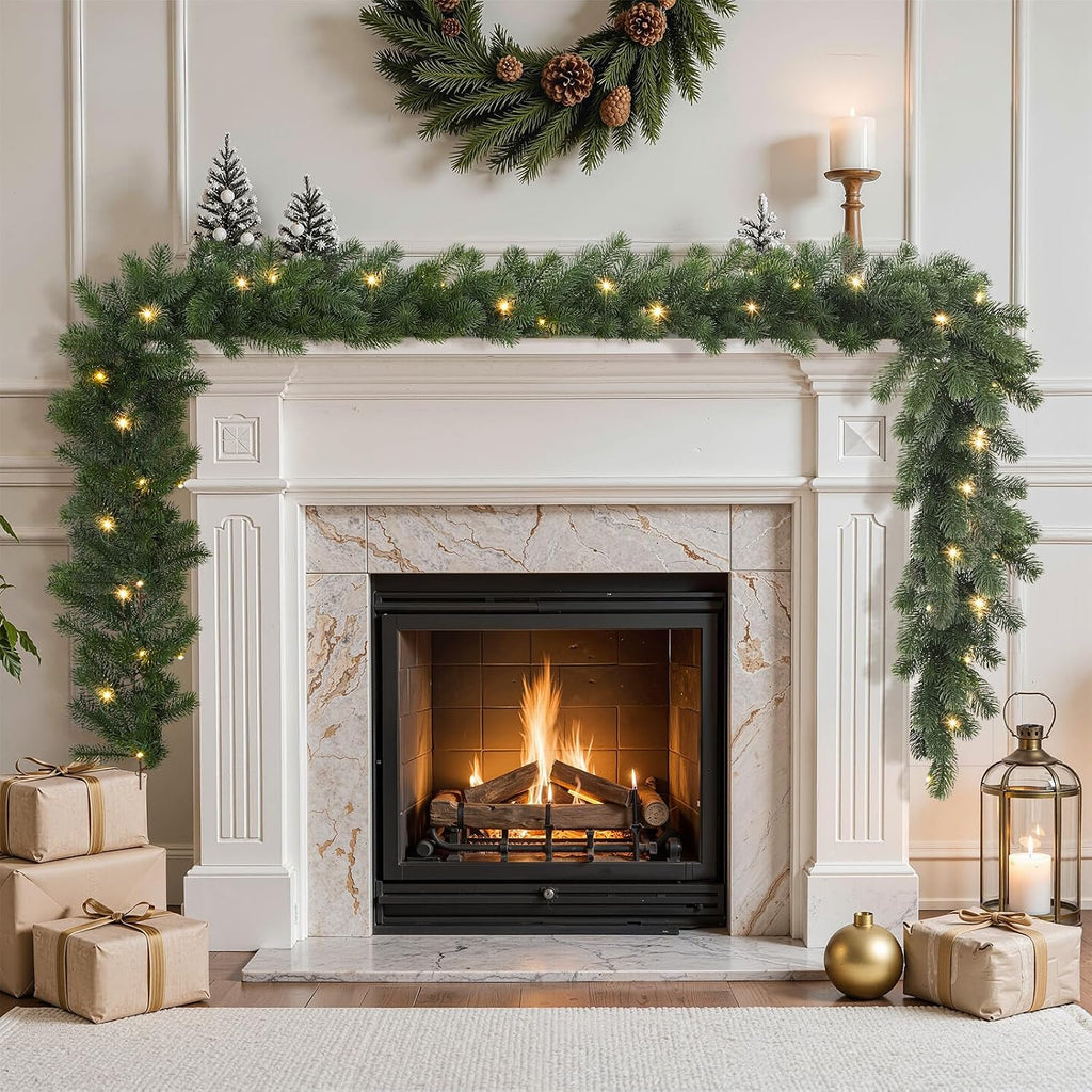 2PCS 9FT Pre-Lit Christmas Garland, Lighted Norfolk Pine Garland