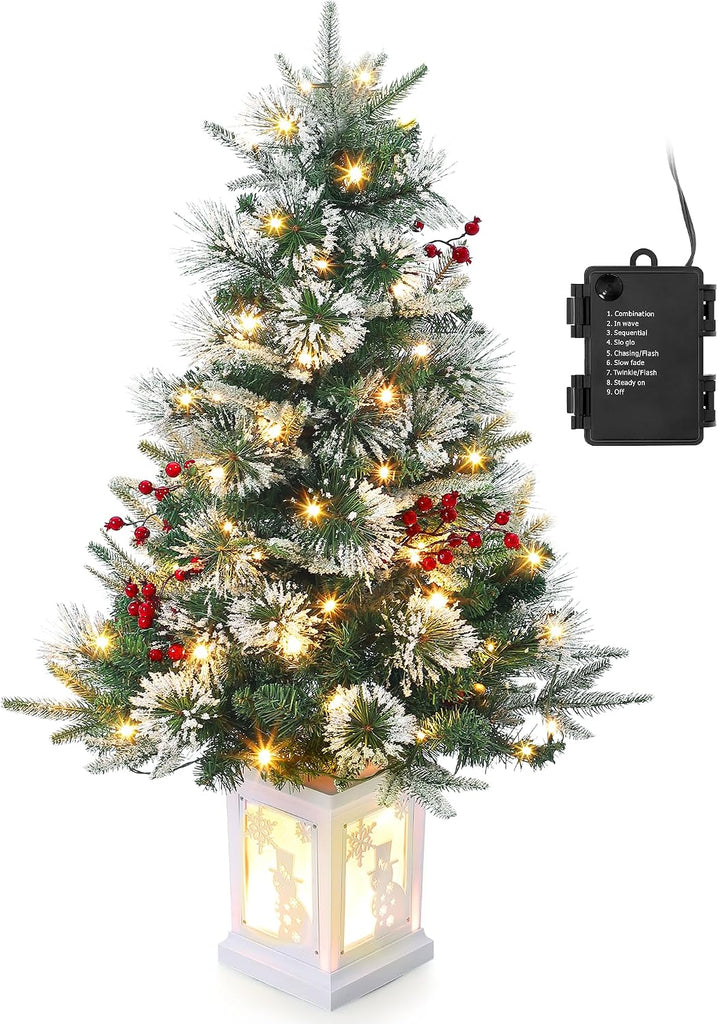 3ft Prelit Snow Flocked Christmas Tree with Light Up White Snowman Box Base