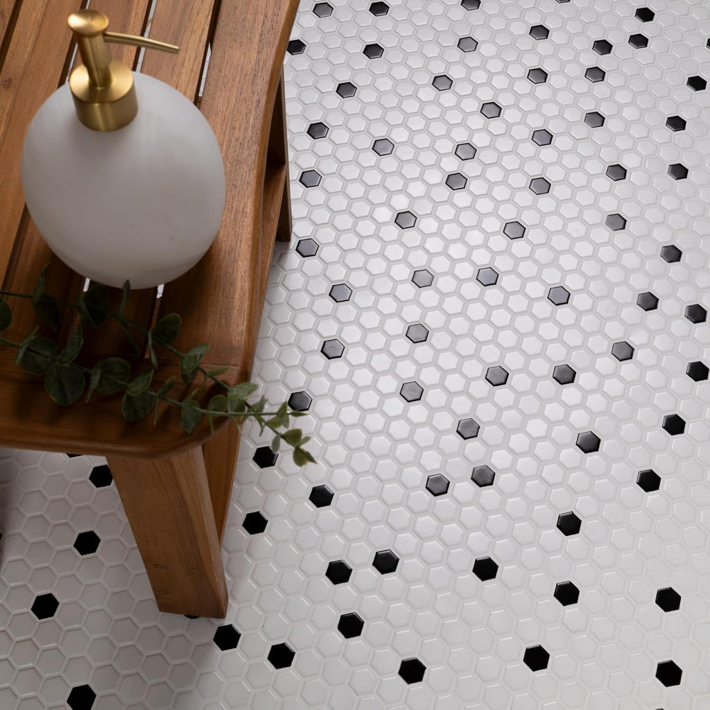 Black White Hexagon 10x12in Matte Porcelain Mosaic Tile Flooring