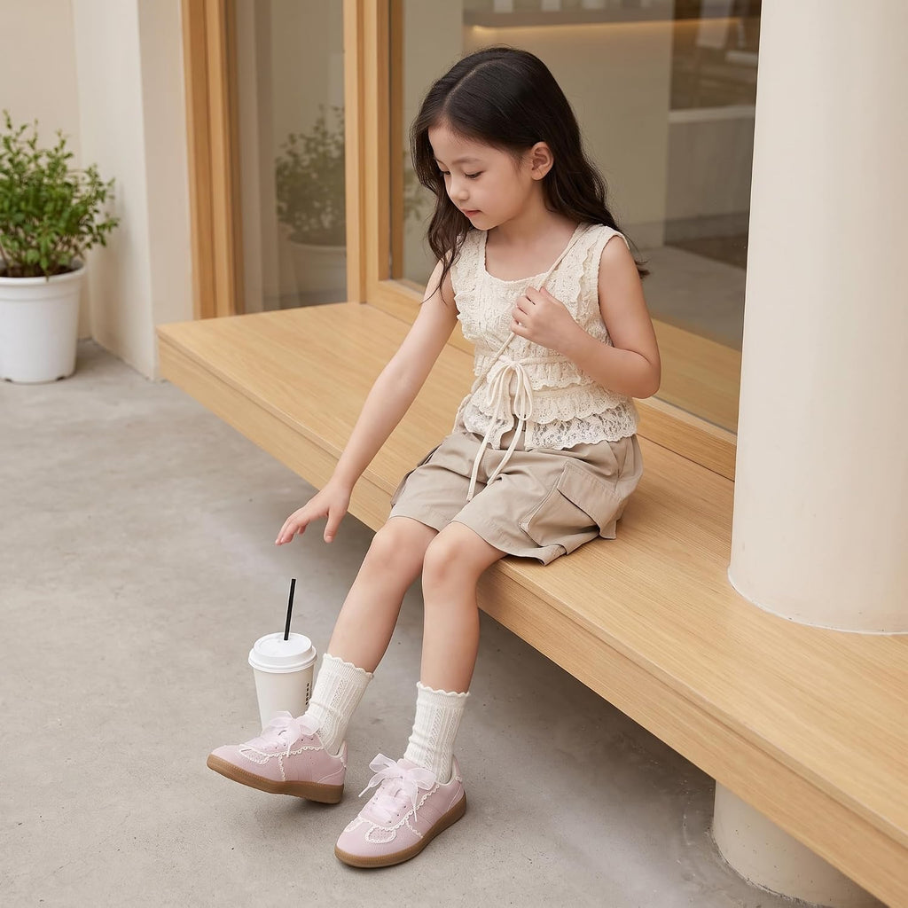 Belinda Lace Detail Casual Sneakers for Girls - Ribbon Lace-Up Girls Shoes with Soft Cushion Support