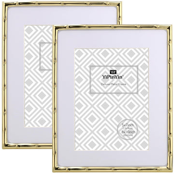 8x10'' Bamboo Detail Gold Metal Picture Frame with Acid Free Mat for 5x7'' Set of 2, Elegant Narrow Plated Photo