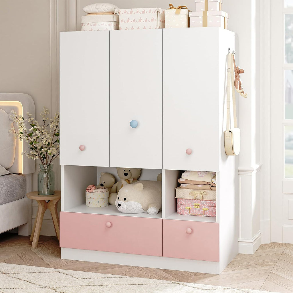 White Armoire Wardrobe Closet with Hanging Rod - Freestanding 3-Door Wooden Wardrobe Cabinet Closet Armoires