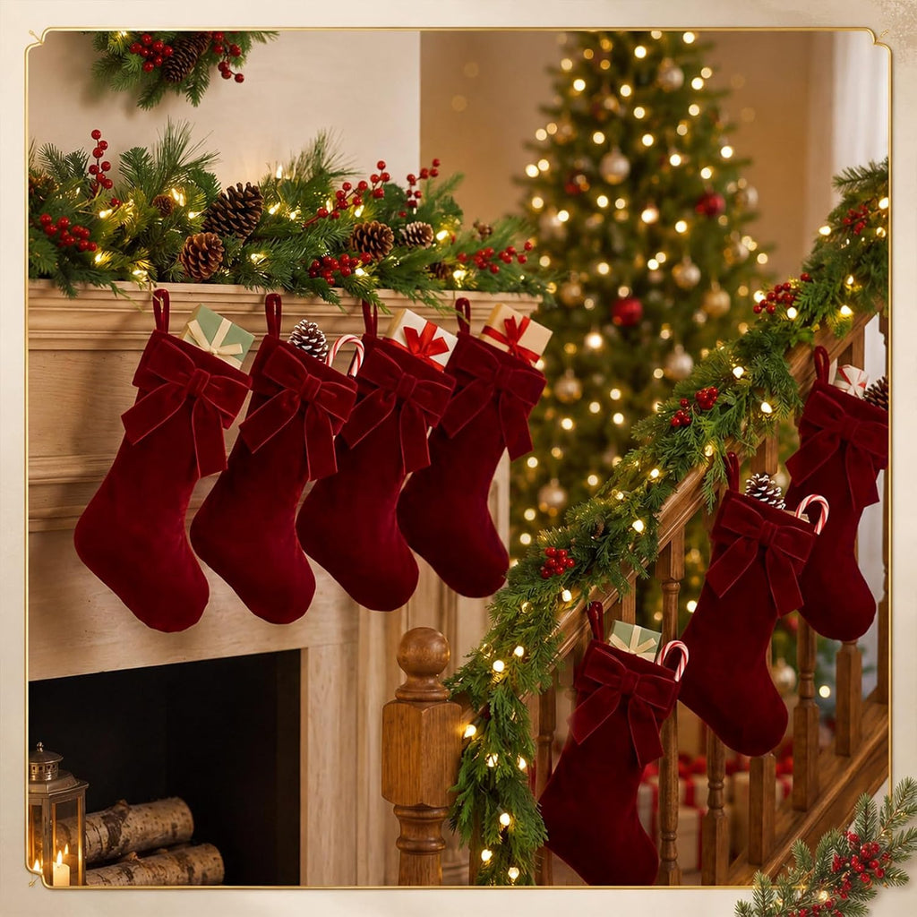 Christmas Mini Stockings 9 Inches Burgundy Velvet Stocking with Bow - Set of 12