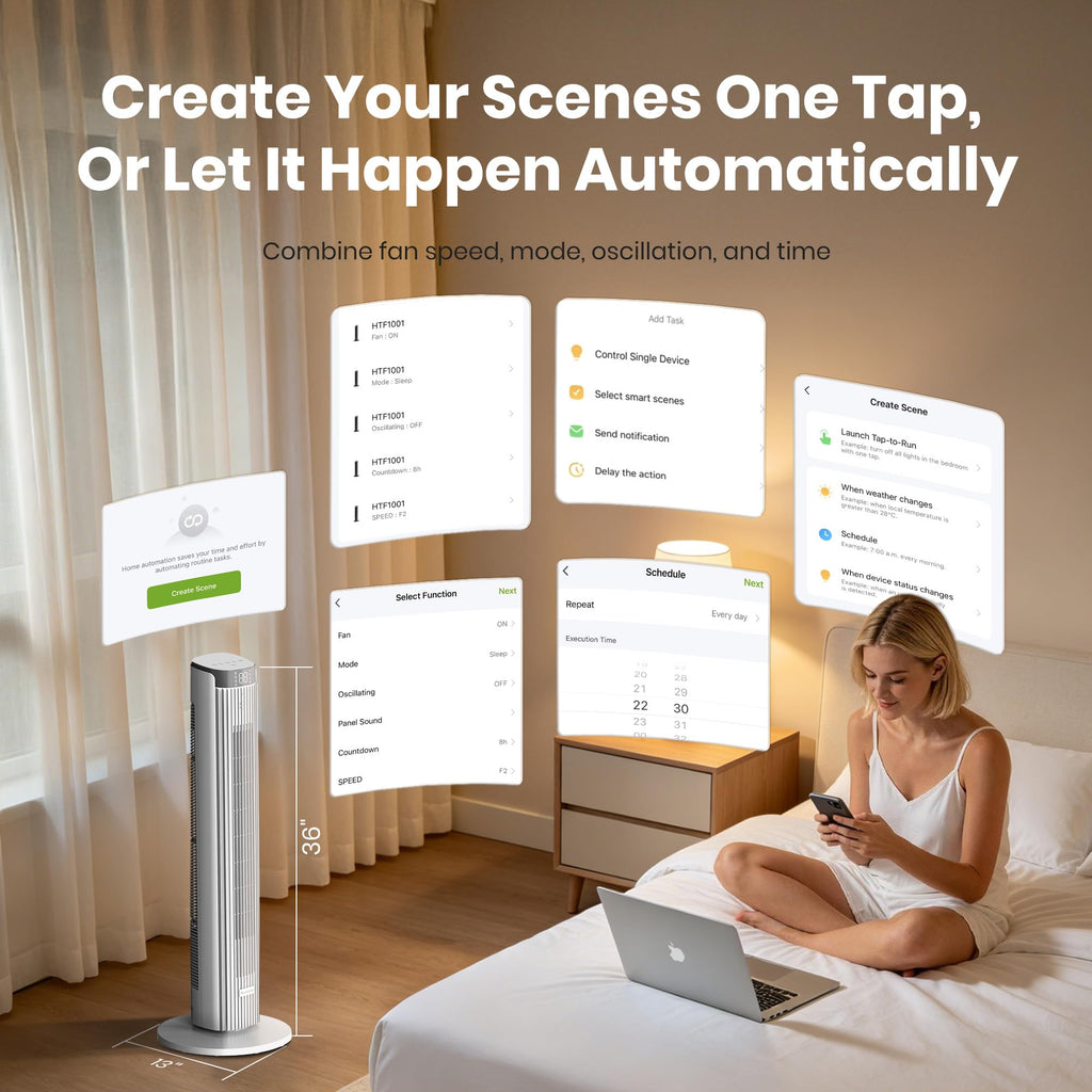 Tower Fan , 23dB, 90°oscillating, Smart Control, White