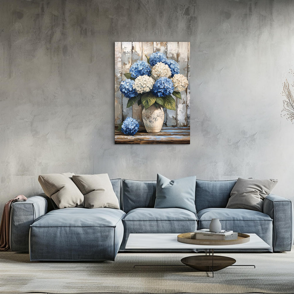 Blue Hydrangea Wall Art, Vintage Hydrangea Canvas Prints Pictures Wall Decor, Farmhouse Floral Wall Art, Blue White