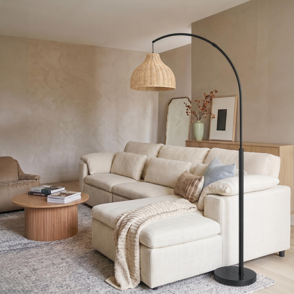 Lark Standing LED Floor Lamp - Modern Tall Corner Arc Lamp with Boho Hanging Rattan Shade - Bright Bedside Reading