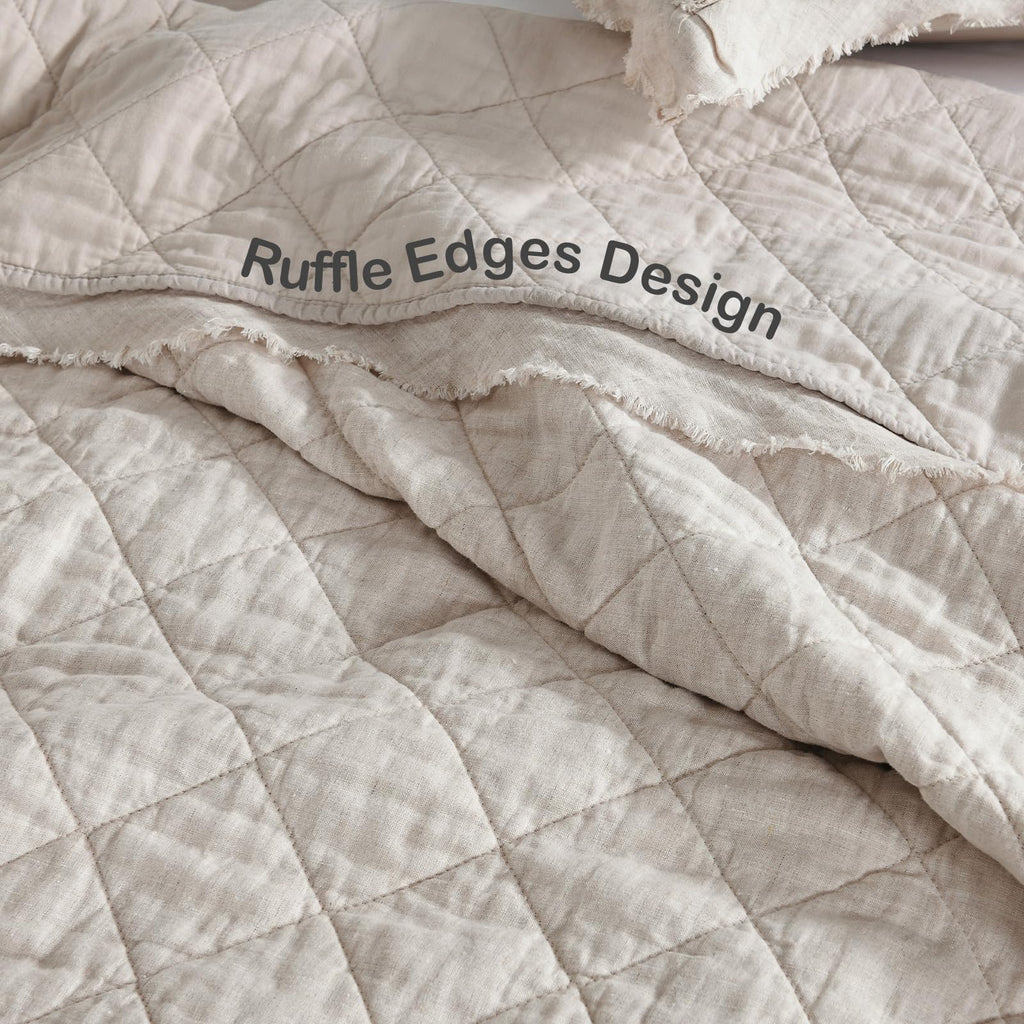 100% Linen Front/100% Cotton Back Quilt Set, Pre-Washed Flaxen Bedspread Coverlet Set, Diamond Stitch