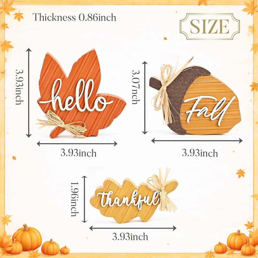 Fall Decorations, Wooden Fall Decor with Maple Leaf Oak Leaf and Acorn Table Decor, Rustic Farmhouse - Set of 3