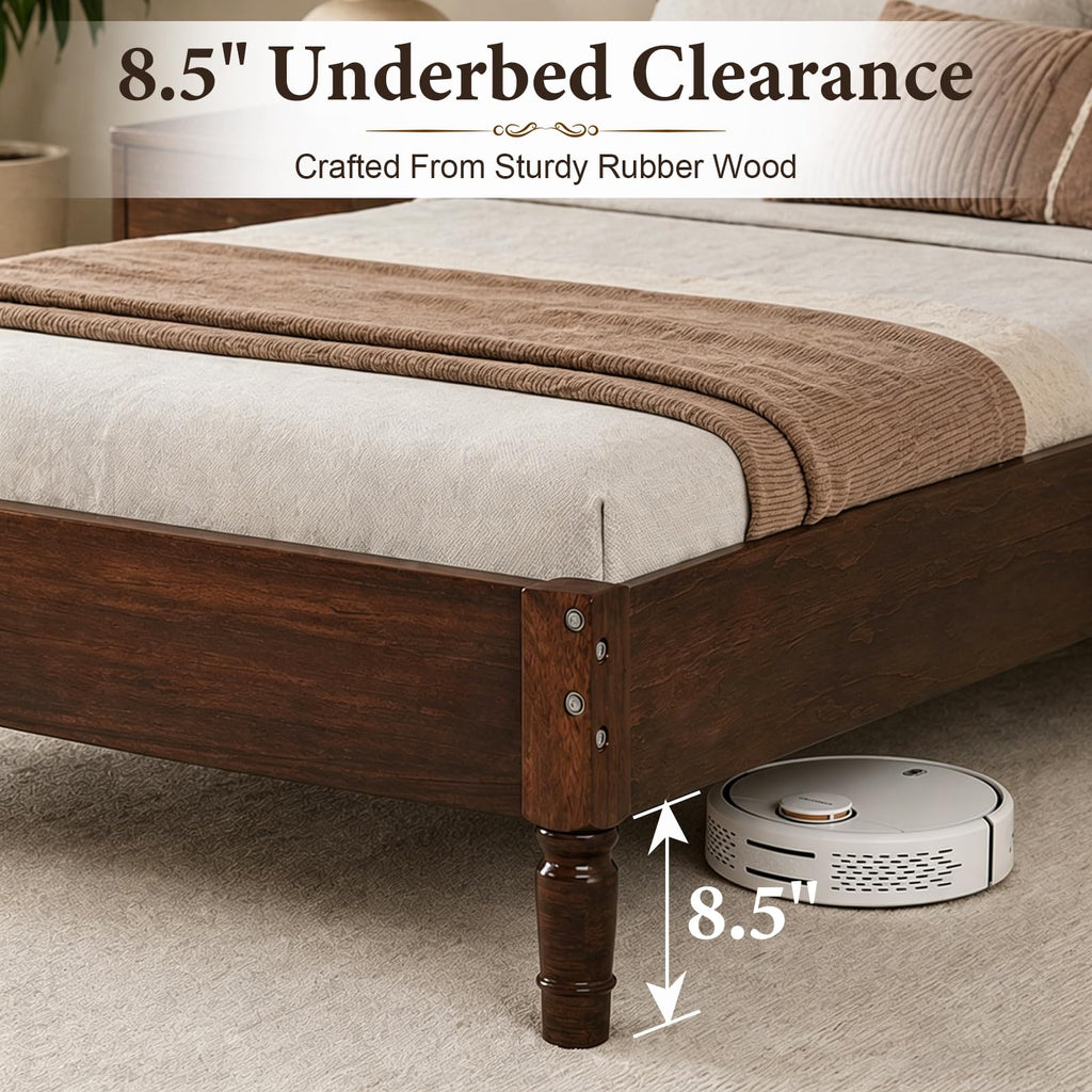 Vintage Wood Bed Frame Queen Size with Spindle Headboard, Walnut