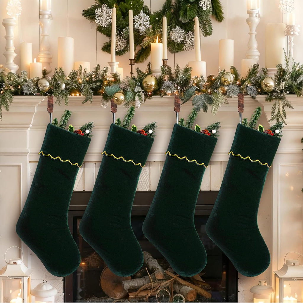 Velvet Christmas Stockings 20 Inch Large Green Xmas Stockings with Scalloped Gold Edge Hanging Soft Velvet - Set of 4