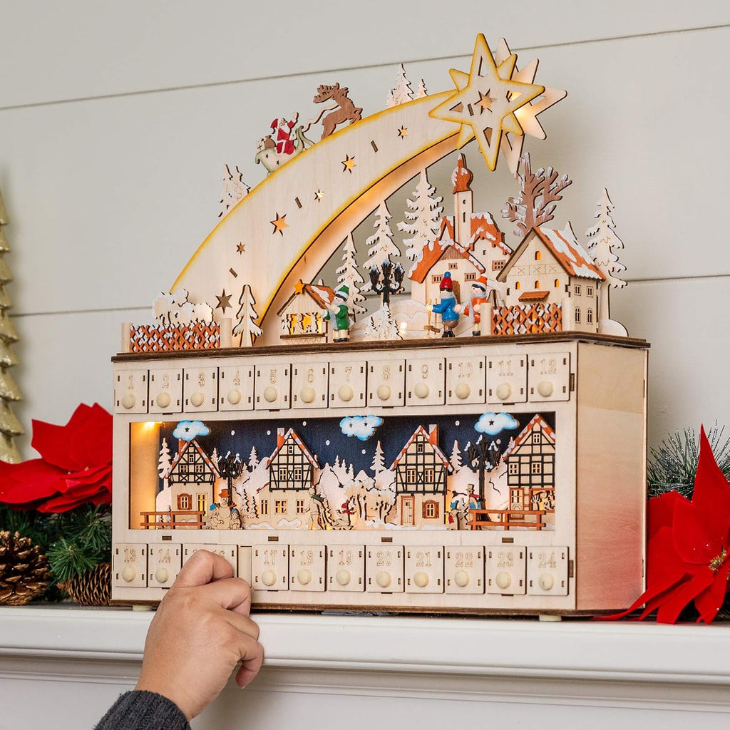 Wooden Christmas Advent Calendar, Shooting Star Holiday Decoration w/Battery-Operated LED Light Background