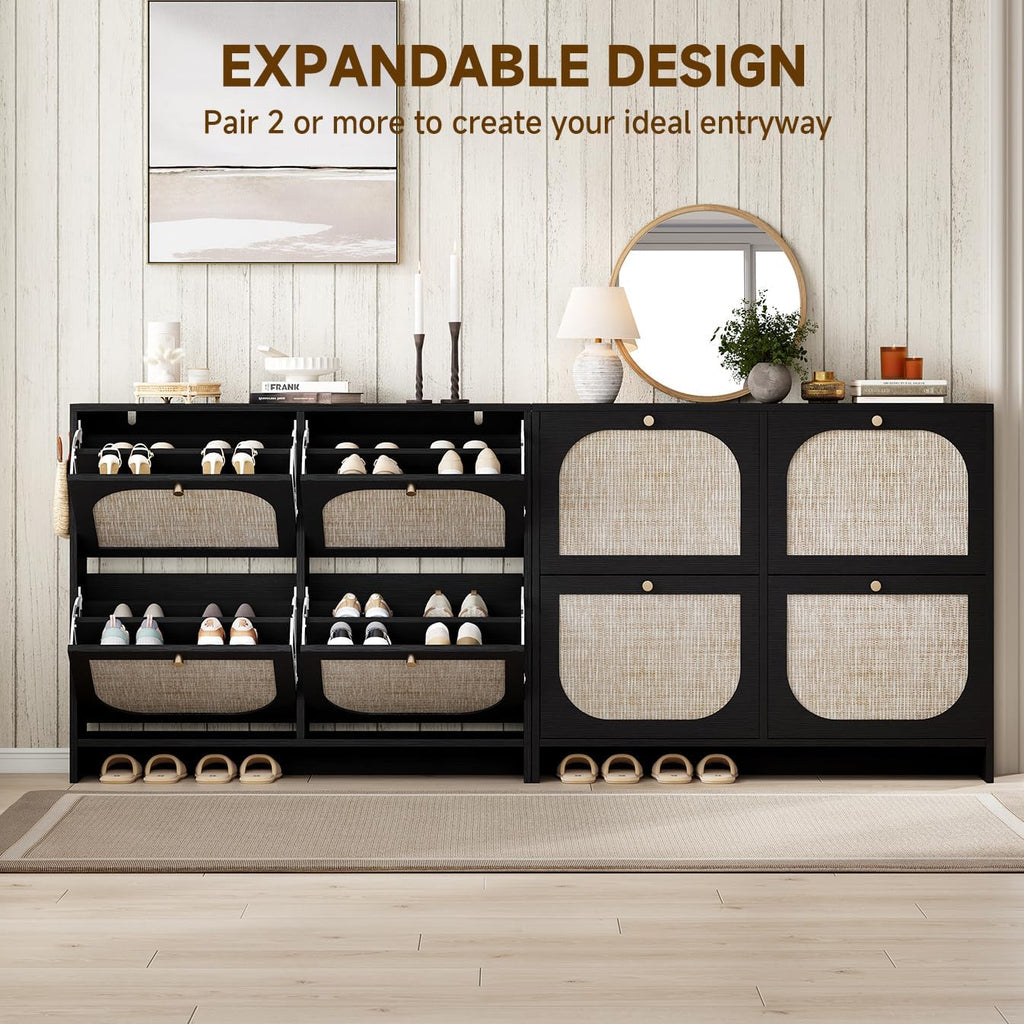 Shoe Storage Cabinet , Rattan Vintage Flip Shoe Rack- 4 Flip Drawers & 3-Tier Adjustable Shelves,Boho Shoe Organizer