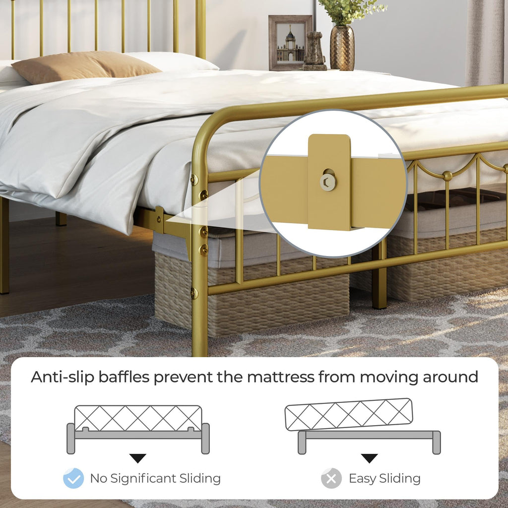 Queen Metal Bed Frame with Vintage Spindle Headboard Antique Gold