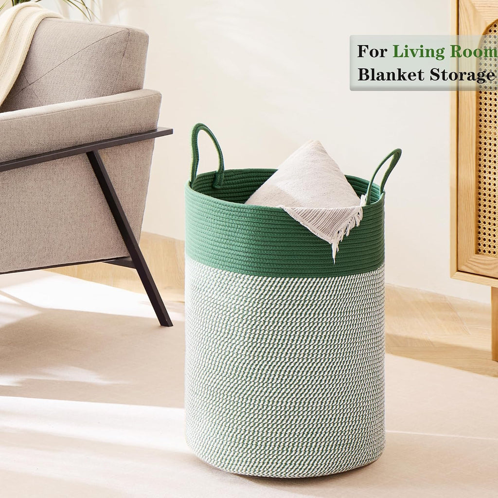 80L Large Green Hamper Tall Woven Laundry Basket | Cotton Rope Clothes Hamper Baby Nursery Hamper Bin for Girls Kids